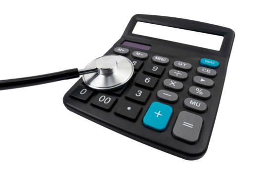 Calculator with blank screen and medical stethoscope on a transparent background. Paid medicine concept