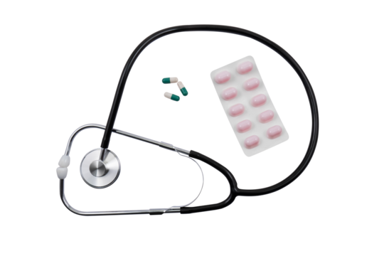Medical stethoscope and pills on a transparent background. Medical diagnosis and treatment concept