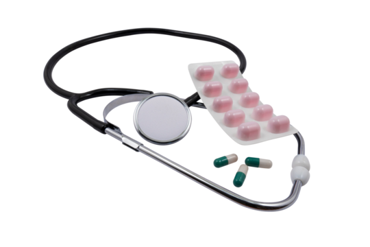 Medical stethoscope and pills on a transparent background. Medical diagnosis and treatment concept