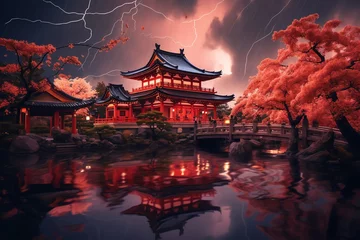 Photo sur Aluminium Pékin a building with red lights and trees in front of water