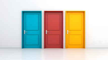 Colorful Trio of Doors in Blue, Red, and Yellow on a White Background