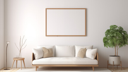 a white couch with pillows and a frame on the wall