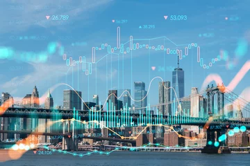Poster Brooklyn and Manhattan bridges with New York City financial downtown skyline panorama at day time over East River. Forex graph. The concept of internet trading, brokerage and fundamental analysis © VideoFlow