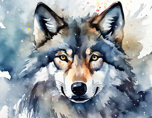 Closeup of wolf head in watwercolor drawing style - obrazy, fototapety, plakaty