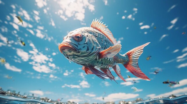 A fish is flying in the sky, fisheye photography