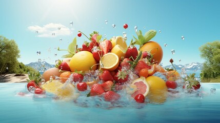 Obraz na płótnie Canvas A picture that looks like an advertisement for the summer season, it looks refreshing with colors and small side pictures of some trees, swimming pools and summer fruits in refreshing,