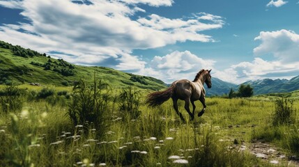 
A vast grassland with a wild horse running on it, surrounded by green trees and blue sky and white clouds, - Powered by Adobe
