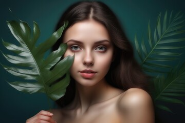 Naklejka premium Portrait of beautiful young woman surrounded by tropical leaves. Beauty, fashion