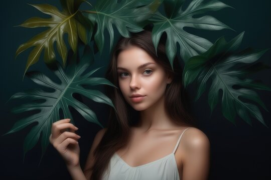 Portrait of beautiful young woman surrounded by tropical leaves. Beauty, fashion