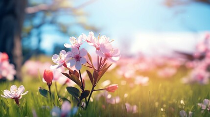 Beautiful blurred spring background nature with blooming glade, trees and blue sky on a sunny day