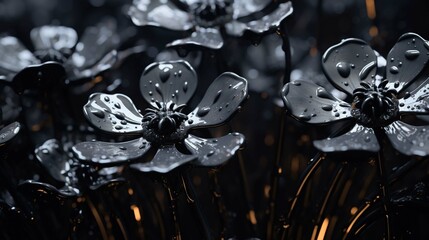 Black plastic shiny 3D printed wild flowers on a matte black background