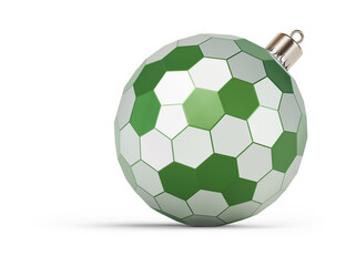 Obraz premium Green and silver futuristic Christmas ball turned to right. New Year tree toy decoration Isolated on transparent background. 3D render