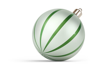 Green and silver Christmas ball turned to right. New Year tree toy decoration Isolated on transparent background. 3D render