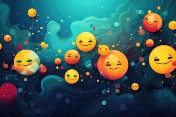 Fototapeta na wymiar Smiling Emoji background with balloons and confetti. Abstract background for Global Belly Laugh Day