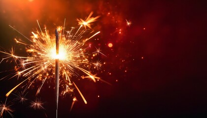 Fototapeta na wymiar Sparkler burning bright with shiny sparks. Dark red festive background. Happy New Year concept.