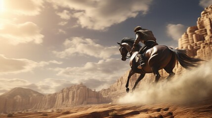 Amidst a wild west landscape, a rider and horse put on a breathtaking show of agility and control.