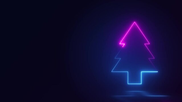 glowing neon christmas tree sign animation on dark background
