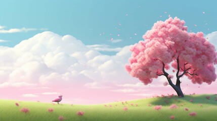Pink spring scene with a cherry blossom tree on the right, green grass at the bottom, a little cute yellow bird, in the style of cartoon