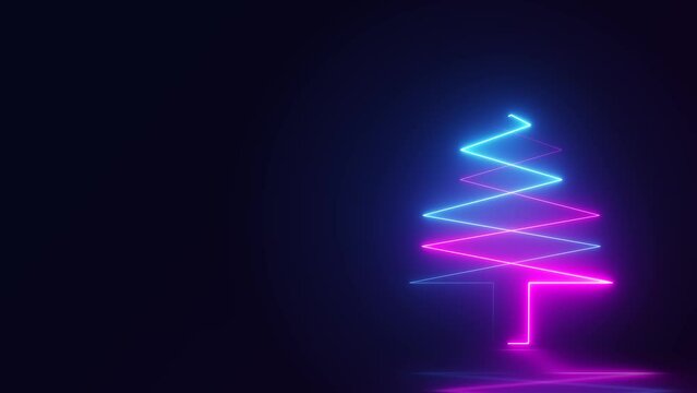 glowing neon christmas tree sign illuminated on dark background