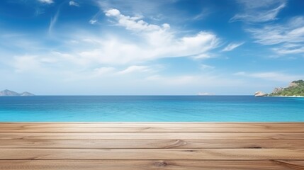 Wooden table on the background of the sea, island and the blue sky. High quality photo, generative ai