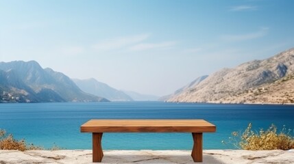 Wooden table on the background of the sea, island and the blue sky. High quality photo, generative ai