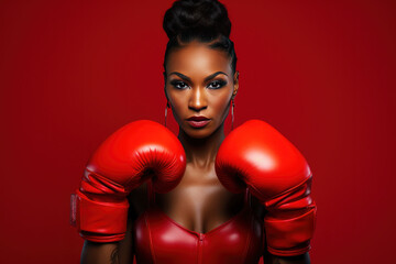 Beautiful afro american woman in red boxing gloves on a red background