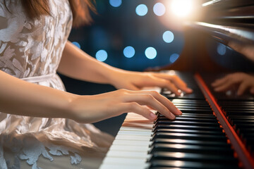 Close up of piano key with woman pianist hands playing at modern concert hall. Concert concept of performance and musical instruments. - Powered by Adobe