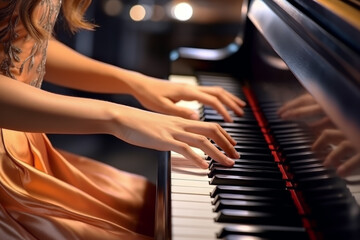 Close up of piano key with woman pianist hands playing at modern concert hall. Concert concept of...