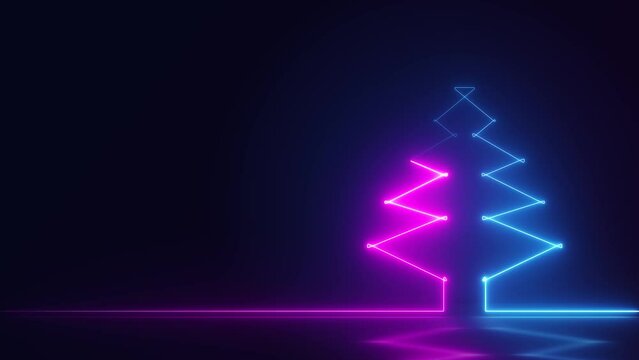 glowing neon christmas tree sign illuminated on dark background
