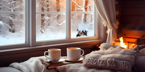 Cozy winter morning at home Warm and inviting atmosphere Knitted blanket and pillow ,A cup of coffee and a candle on a window sill Generative AI 
