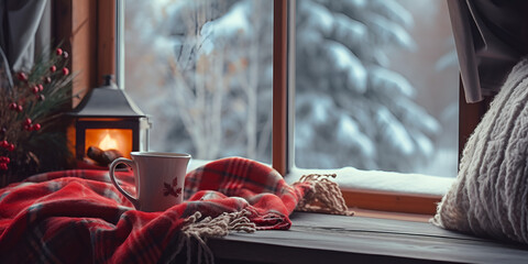 Winter cozy background Illustration ,Christmas background. A cup of tea, books, a candle and a knitted scarf on the window background with generative ai