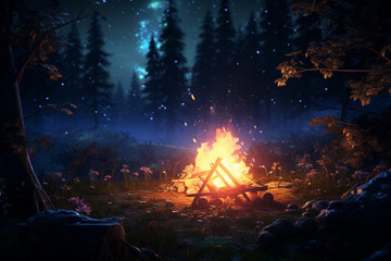 fire in the night sky and camping  - obrazy, fototapety, plakaty