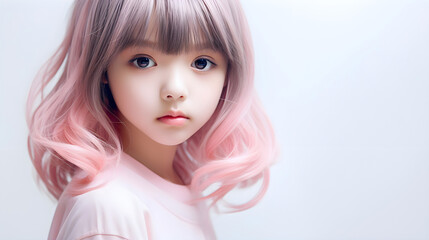 Portrait of Japanese young girl in yume kawaii style with blond hair in shades of pink.Child haircut salon.