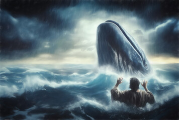Jonah and the Whale - Book of Jonah in the Old Testament of the Bible - Wondrous Depths: Jonah's Mystical Connection with the Benevolent Leviathan - obrazy, fototapety, plakaty