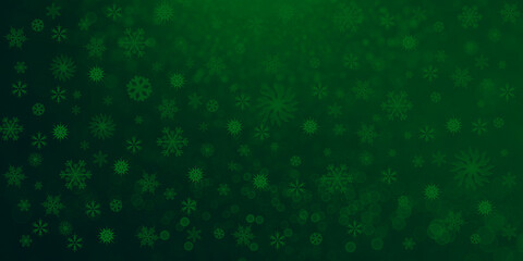 Tło zimowe zielone, wzór w płatki śniegu - obrazy, fototapety, plakaty