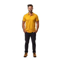 professional looking 32 year old Caucasian male landscaper wearing  yellow gold polo shirt