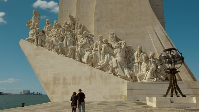 Close-up shot of the famous Padrao dos Descobrimentos - Monument to the Discoveries - in Lisbon, Portugal. The monument celebrates the Portuguese Age of Discovery during the 15th and 16th centuries. 