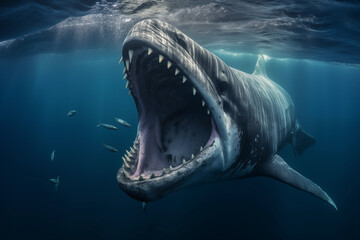 Obraz premium Full frontal view of a shark or whale creature about to attach with it's mouth wide open and sharp teeth