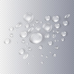 Set of realistic shiny pure water drops different shapes isolated on transparent background. Vector clear rain droplets, dew, aqua blobs or water bubbles. Condensation on the surface closeup