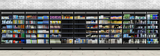 Dairy products in glass door refrigerant at supermarket. Different kinds of Dairy products in glass door fridge at supermarket. This Mockup and illustration is suitable for presenting new packagings