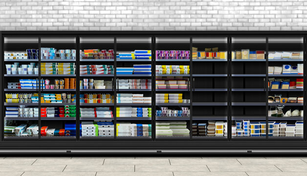 Dairy products in glass door refrigerant at supermarket. Different kinds of Dairy products in glass door fridge at supermarket. This Mockup and illustration is suitable for presenting new packagings