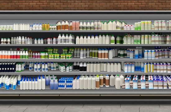 Milk in long open refrigerator at supermarket. This Mockup and illustration is suitable for presenting new MILK design bottles and packagings among many others.