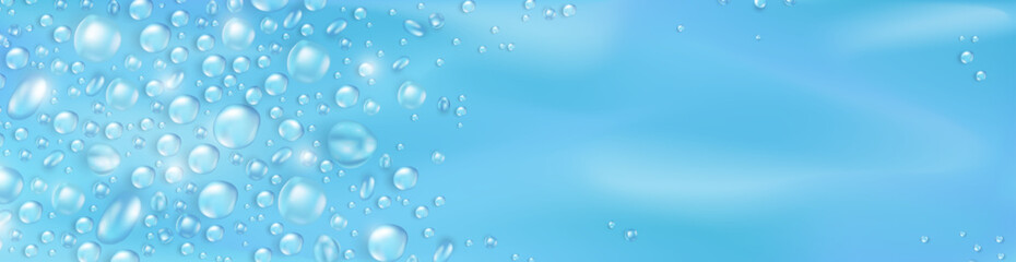 Soft blue blank billboard with realistic 3d pure water drops or condensation on surface. Panoramic banner with rain droplets or dew pattern as a frame. Aqua fresh header with empty place for text