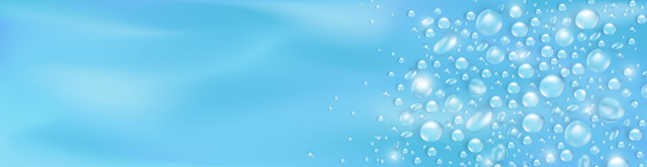 Template of blue panoramic banner with realistic  pure water drops frame and empty space for text. Header with 3d shiny dew, water blobs. Blank billboard with rain droplets or aqua splashes overlay