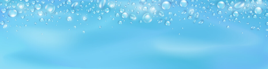 Realistic water drops or dew background with blank space for text. Template of soft blue empty panoramic banner with condensation texture or rain droplets. Aqua fresh header with 3d water bubble frame