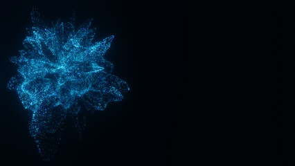 Splash, burst, wave, explosion of glowing light blue particles. Abstract 3D shape on black backdrop. Futuristic dark technology background 8k 16:9 for cover, web banner, copy space. Bundle of energy