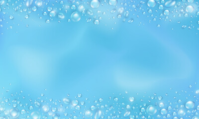 Template of blue banner with realistic pure water drops frame and empty space for text. Wallpaper with 3d shiny dew, water blobs. Blank backdrop with rain droplets or aqua splashes and water texture