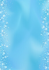 Template of blue banner with realistic pure water drops frame and empty space for text. Wallpaper with 3d shiny dew, water blobs. Vertical backdrop with rain droplet or aqua splashes and water texture