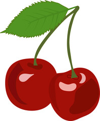 Vector drawing of two red cherries and a green leaf