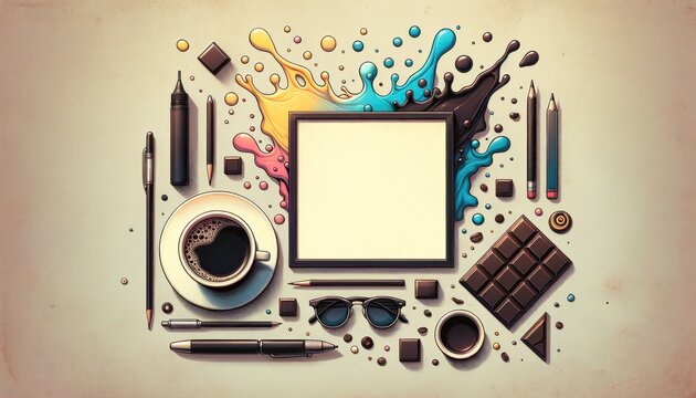 Artistic flat lay composition featuring a coffee cup, splashes of color, and assorted art and office supplies